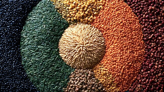 Diverse grains and legumes forming concentric circles and a central target shape, showcasing various seeds for plant based nutrition, agriculture, and healthy eating concepts