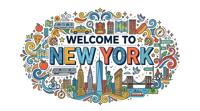Welcome to New York City illustration with landmarks, icons, and city life elements.