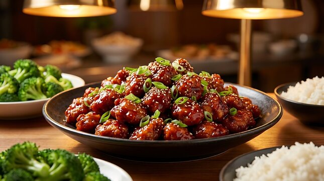 Bowl of delicious sesame chicken with green onions on a restaurant table with rice and broccoli. general tso chicken