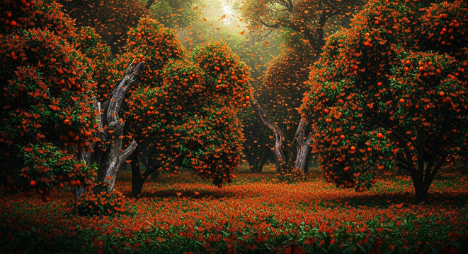 Magical Orange Orchard Filled with Swarming Monarch Butterflies