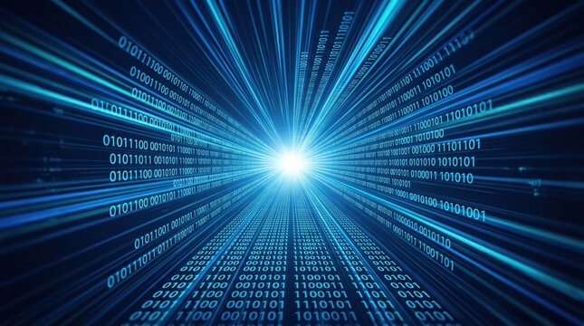 Abstract binary code data stream tunnel background, digital information flow, internet speed concept, big data visualization, artificial intelligence network