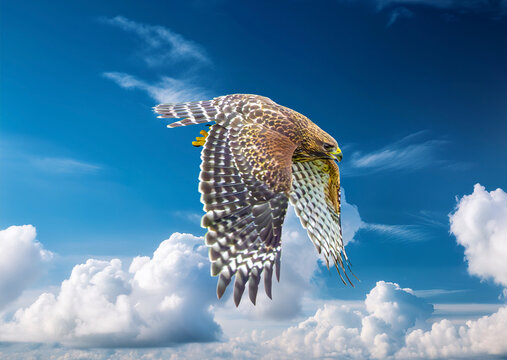 Red-Shouldered Hawk (Buteo lineatus) in Flight Against a Cloudy Blue Sky