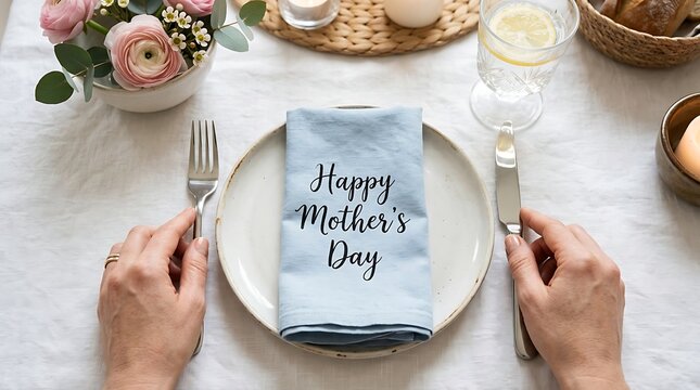Happy mothers day celebration with elegant table setting and napkin message for special occasion breakfast