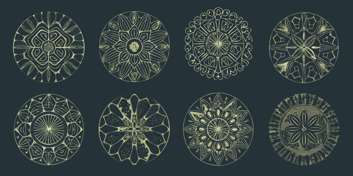 sacred geometry mandalas in gold line art on dark background pattern ornament design symmetry spiritual symbolism abstract geometric shapes circle