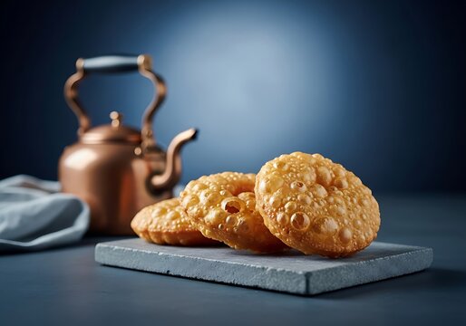 Freshly fried colombian bu&ntilde;uelos served on a stone slate board next to a traditional copper kettle for a cozy breakfast snack or holiday festive treat
