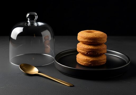 A stack of traditional colombian bu&ntilde;uelos served on a minimal black plate with a golden spoon and a glass dome in a sophisticated studio food setting