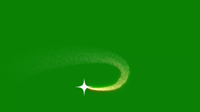 Golden glitter particle light streak flowing, glowing golden light sparks tail with dust particles light flare, shining transition overlay on green background in 4k