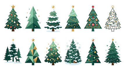 Obraz premium Collection of Festive Christmas Trees with Decorations - Holiday Season Illustration