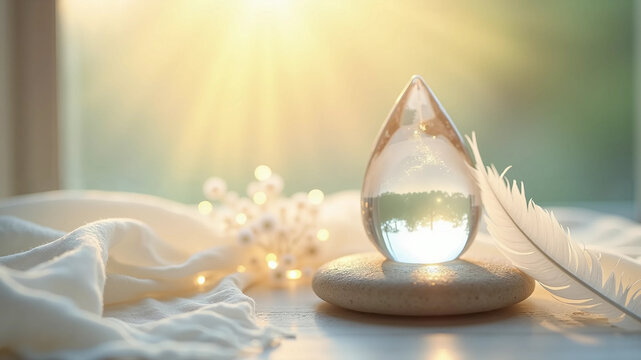 International Day of Radiant Peace concept, clear glass crystal droplet on stone with white feather, glowing sun rays background for mindfulness and harmony