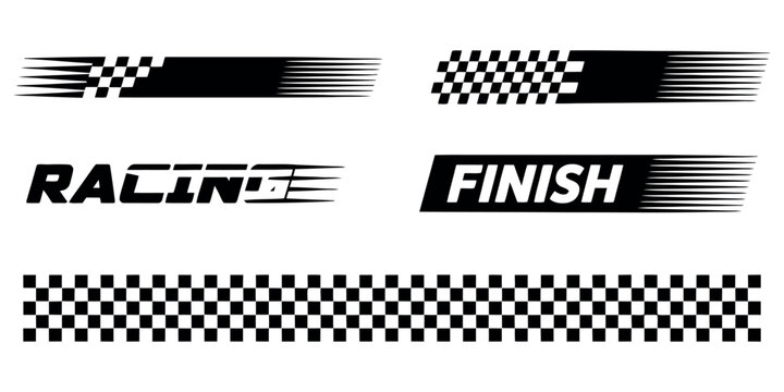 Set of black and white racing checkered flag graphics with speed motion blur effects design.