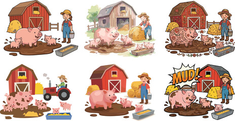 Cute Farm Pig Illustration Collection with Barn Farmer Piglets and Rustic Countryside Scenes © MstShahida
