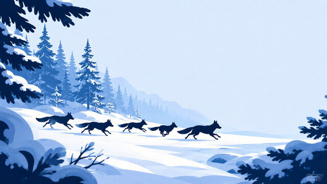 A group of animals running through a snowy forest