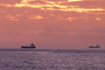Oil tanker ships anchored near horizon under colorful dawn sky, concept waiting for Strait of Hormuz unblocking © Parilov