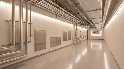 Obraz premium Clean corridor inside industrial facility featuring insulated silver piping along walls and premium facility management sign mounted on brightly lit white surface.