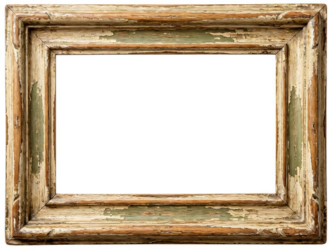 A vintage wooden frame with faded paint and distressed texture, authentic antique appearance