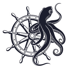 Black and white graphic illustration of an octopus wrapped around a nautical ship steering wheel © Atiqur