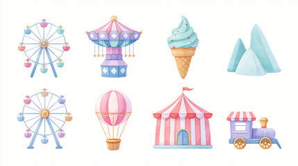 Fototapeta premium Colorful watercolor illustrations of carnival attractions and treats.