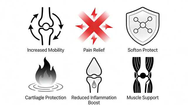 Unique knee care icons with various shapes, representing the concepts of enhanced range of motion, pain relief, flexible protection, cartilage protection, anti-inflammatory, and muscle support
