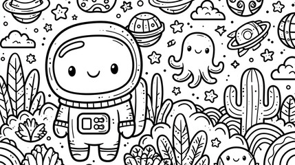 Fototapeta premium Cute astronaut character against a whimsical space scene with planets and clouds.