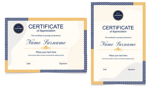 Elegant vector certificate of appreciation template set with gold ornamental headers and wavy guilloche background pattern.