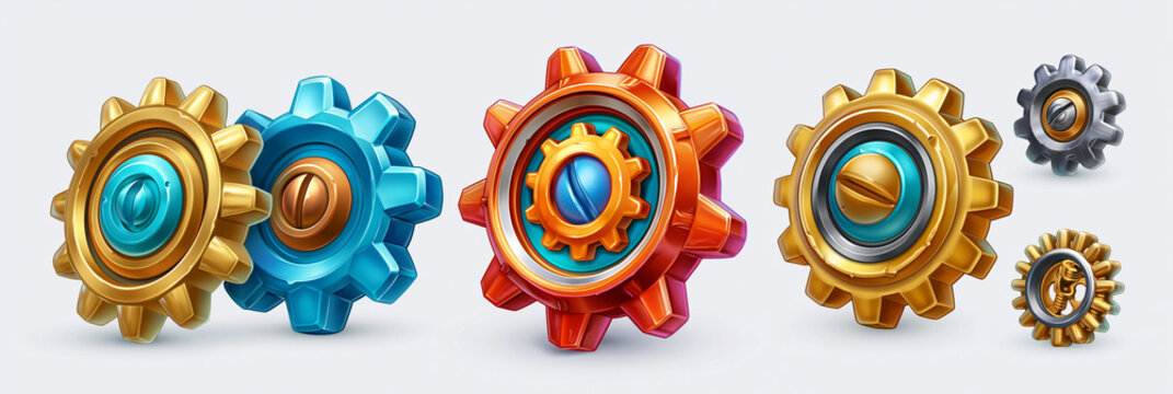 Colorful metallic gears in blue, orange, and gold create a dynamic visual.