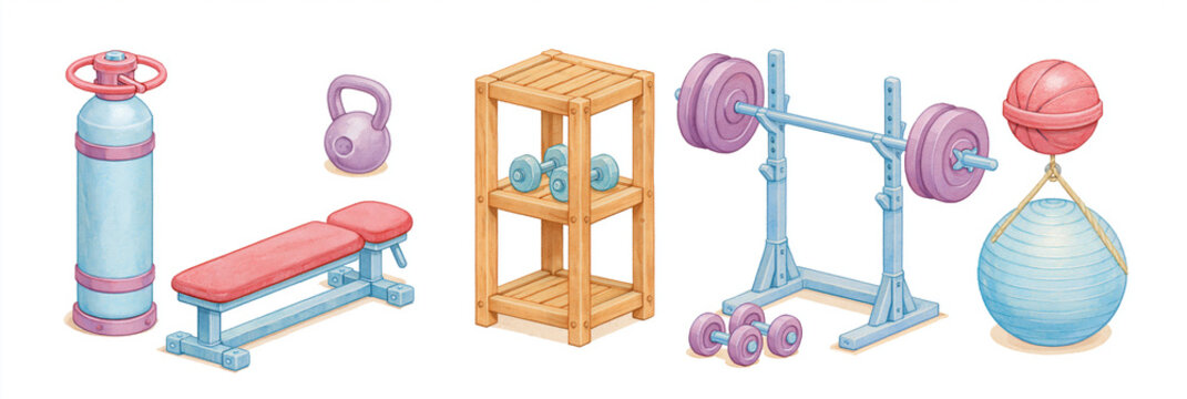 Colorful gym equipment including weights, bench, and stability ball.