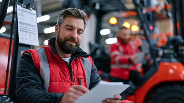 forklift operator completes pre-shift safety checklist at a factory floor inspection station, laminated checklist mounted on the charging bay wall, spotter colleague reviewing pedestrian zone barrie
