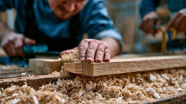 joinery apprentice cuts dovetail joints on a solid oak drawer front using a guided router jig in a wood furniture crafting school workshop, shavings collecting below the bench, master joiner measuri