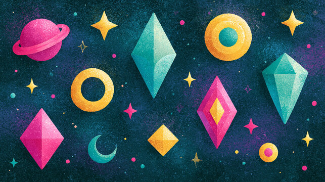 Colorful cosmic shapes and stars on a dark background create a playful outer space theme.