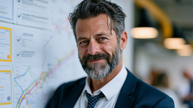 middle-aged logistics professional in business attire standing before a career progression wall chart inside a transportation company training room, certifications and route maps displayed, educatio