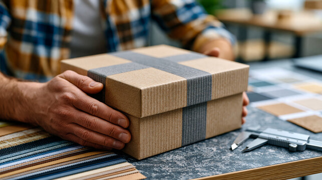 packaging engineer examining a prototype sustainable shipping box made from recycled kraft material on a minimalist product development table, caliper measurement tool beside it, material sample swa