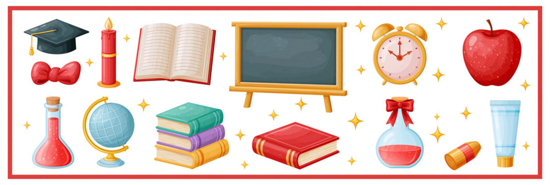 Colorful school-themed icons featuring graduation cap, clock, and books.