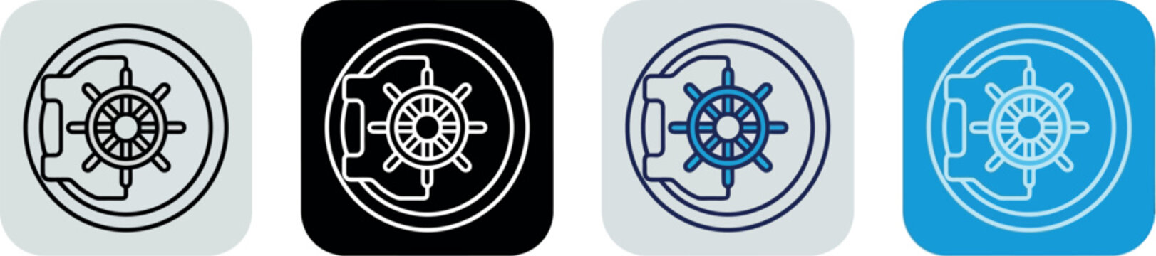 Bank vault door icons set, secure metal safe box with wheel lock handle vector, financial security and wealth protection symbols, 4 flat line graphics for banking and savings apps