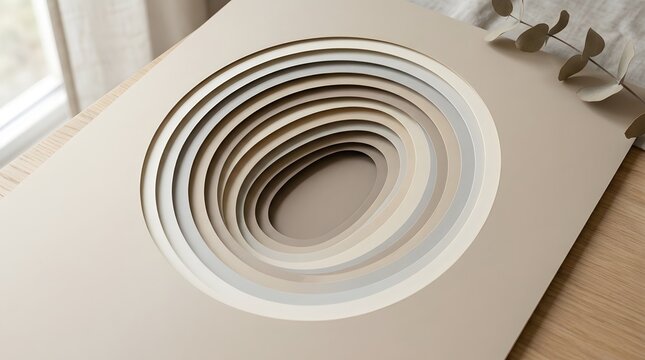 Minimalist white paper spiral design on neutral background. Layered paper cut art with clean geometric curves. Abstract 3D sculpture for modern bra...