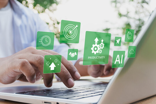 Business professional using AI productivity automation dashboard on laptop with digital interface, workflow optimization, smart technology, process improvement, efficiency management, business growth