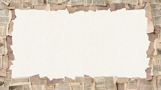 A vintage paper collage featuring torn newspaper clippings around a blank space.