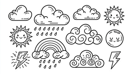 Fototapeta premium Line art weather icons including sun, clouds, rain, and lightning.