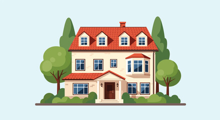 Fototapeta premium Large three story suburban house with a red roof and many windows surrounded by manicured green trees and garden shrubbery.