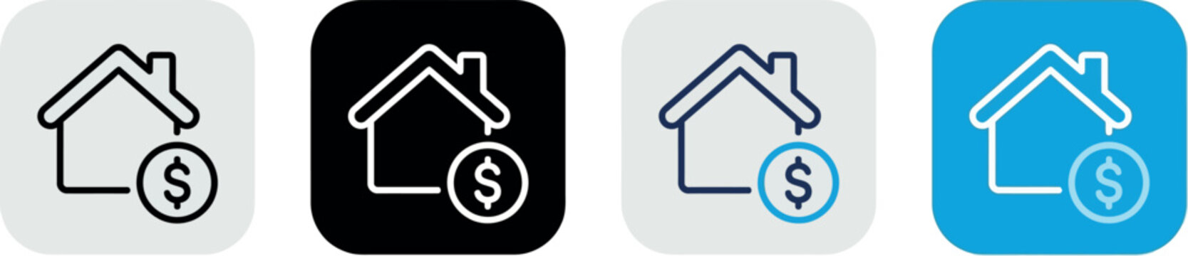 Real estate price icon set with house and dollar sign, mortgage and property value symbols in four styles, residential building investment vector graphics for banking and finance apps