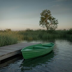 Obraz premium Green boat on a serene lake. Small wooden vessel near a dock. Peaceful water scene