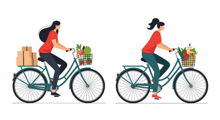 Naklejka premium Two women riding bicycles equipped with front baskets full of fresh groceries and rear racks carrying cardboard delivery boxes.
