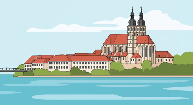 Vector illustration of Weltenburg Abbey monastery complex on the Danube River in Bavaria, Germany, featuring historic architecture, twin church towers, red roofs, and river landscape.