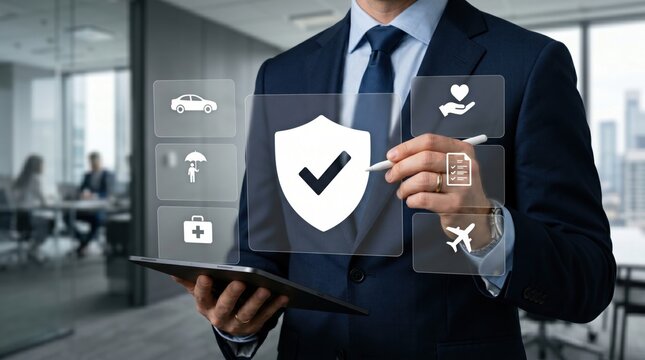 Executive selecting insurance coverage options on holographic shield interface, comprehensive protection plans for health travel auto and liability in corporate environment