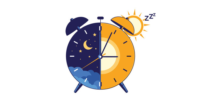 Creative alarm clock illustration showing a split face with sun and moon to represent day and night cycles for sleep.
