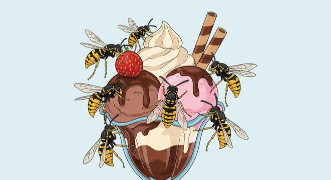Vector illustration of several yellowjacket wasps swarming a large ice cream sundae with chocolate and strawberry scoops, whipped cream, a whole strawberry, and wafer rolls.