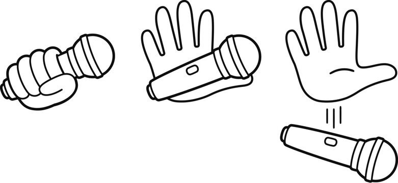 Mic drop cartoon drawing, black and white line art. Hand holding and dropping microphone. Simple vector clipart illustration.