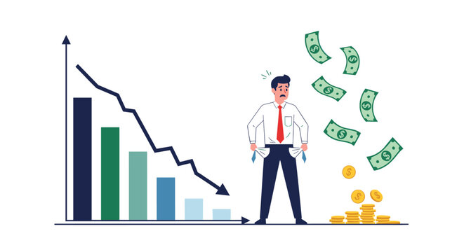 Worried businessman showing his empty pockets while standing next to a falling bar graph during a financial crisis.