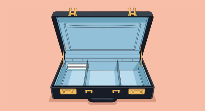 Classic black leather briefcase shown open and empty with gold metal latches and blue interior on a peach background.
