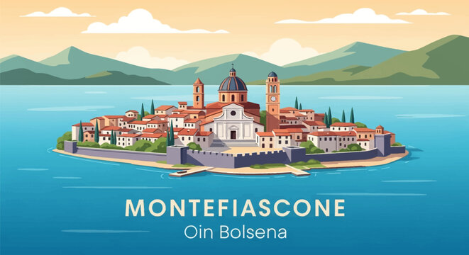 Flat vector illustration of the historic town of Montefiascone on Lake Bolsena, Italy, showcasing the large cathedral dome, clock tower, and fortified walls against a mountain backdrop.