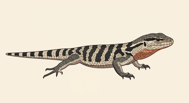Detailed vector illustration of an Omanosaura lizard featuring bold black stripes and an orange throat, depicted in a side profile view against a clean cream-colored background.